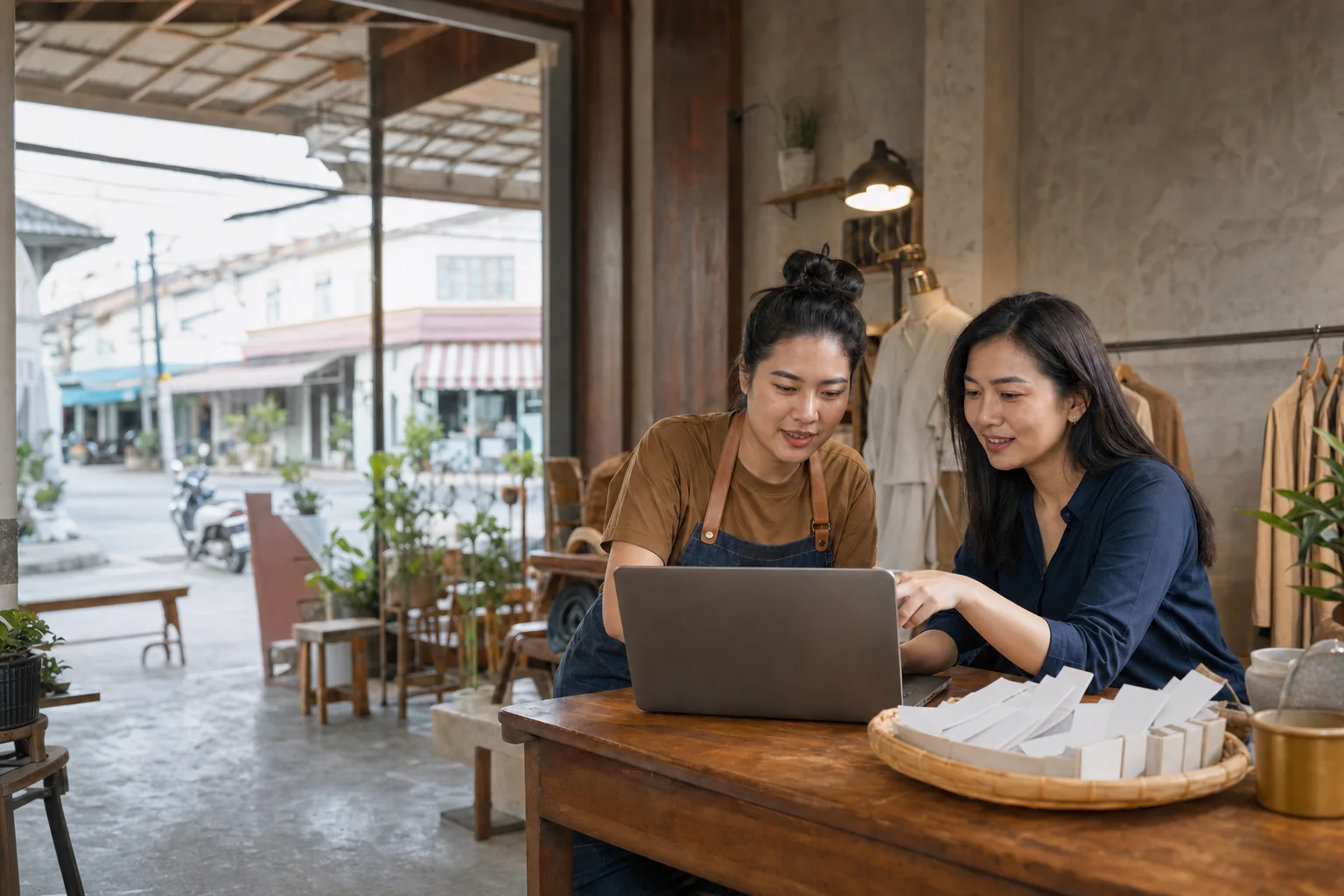 เจ้าของร้านในอุบลปรึกษานักบัญชีผ่านคอมพิวเตอร์ภายในร้าน